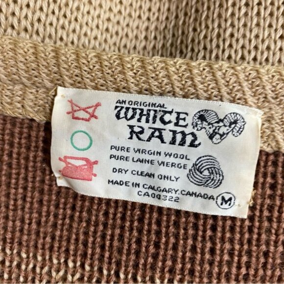 Vintage White Ram Tan Brown Fair Isle Virgin Wool Knit Button Up Cardigan M - Picture 3 of 16